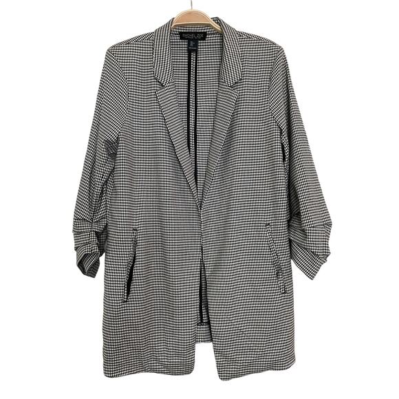 Rachel Zoe Houndstooth Blazer Womens Black White Ruched Sleeve Size Large Work - Picture 1 of 10